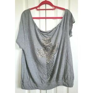 Torrid 0 Gray Beaded Big Cross‎ Cotton Blend Slouchy T-Shirt Short Sleeve